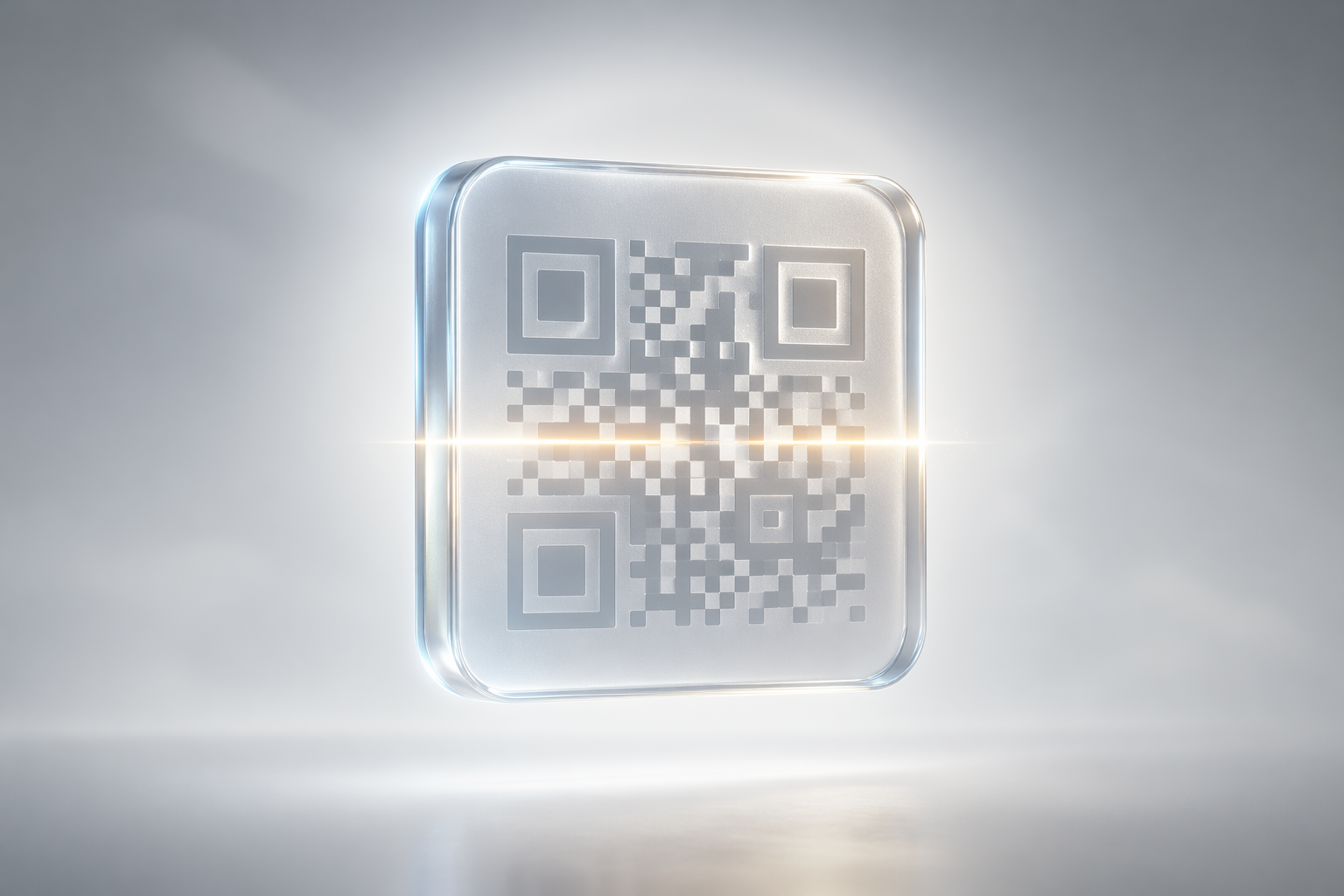 Glass-like QR tile floating in a cinematic studio environment